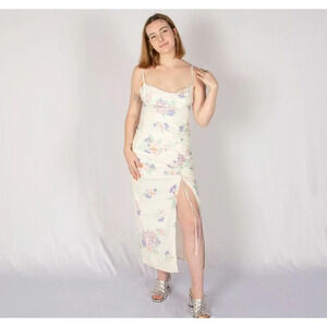 Zara Womens Spaghetti Strap Ruched Tie Midi Dress Floral Ecru Sz XL